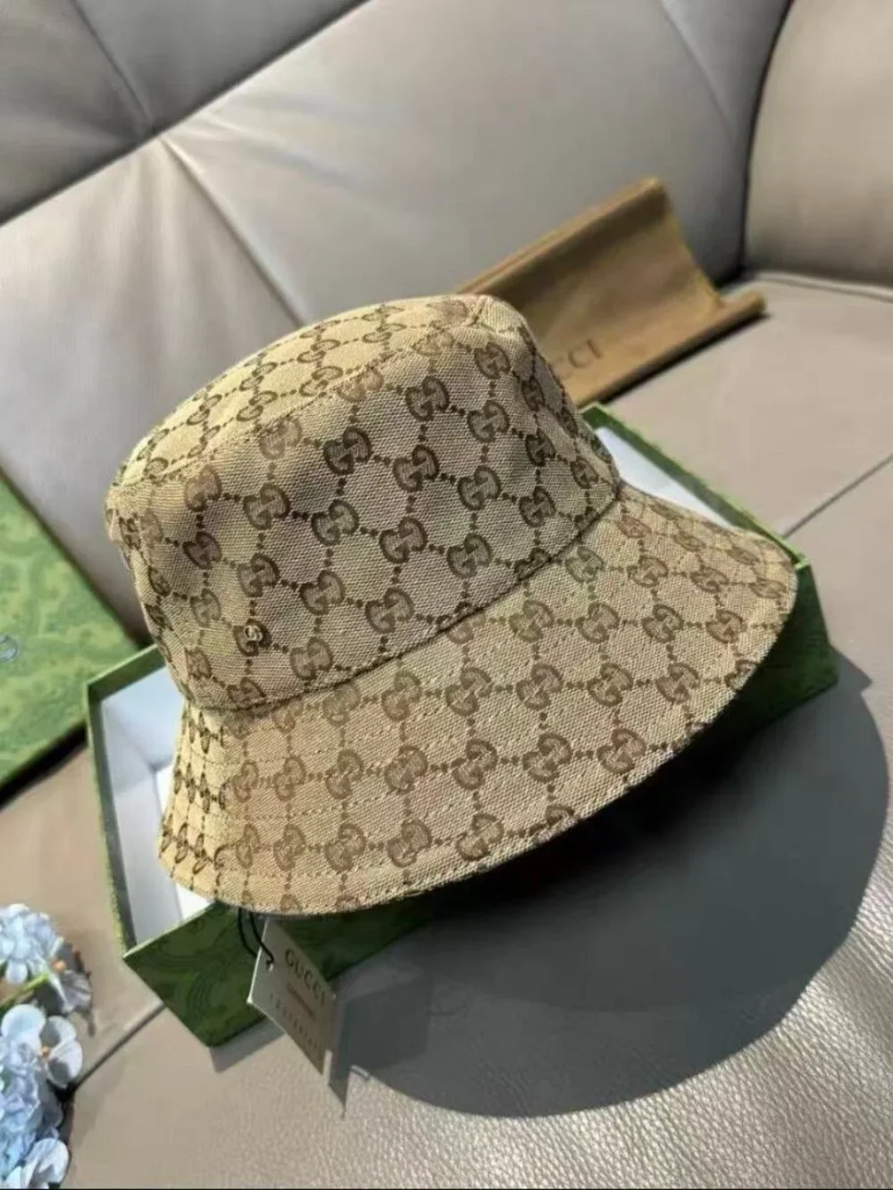 Gucci Beige GG Monogram Bucket Hat Canvas Sun Hat